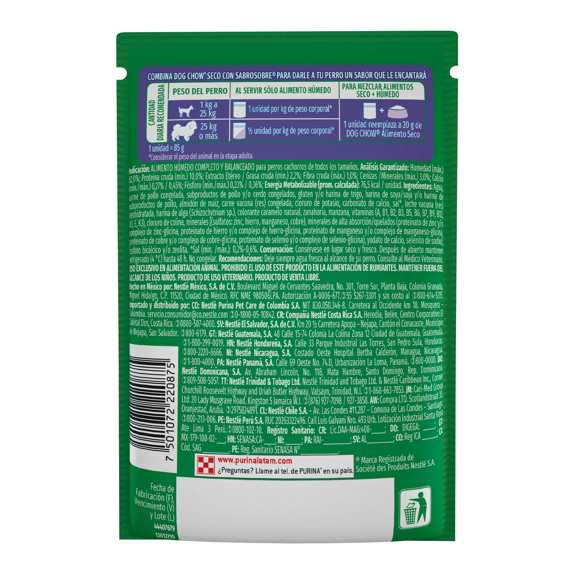 Sabrosobre Dog Chow Gran Comienzo para cachorros sabor carne, zanahoria, manzana y leche.