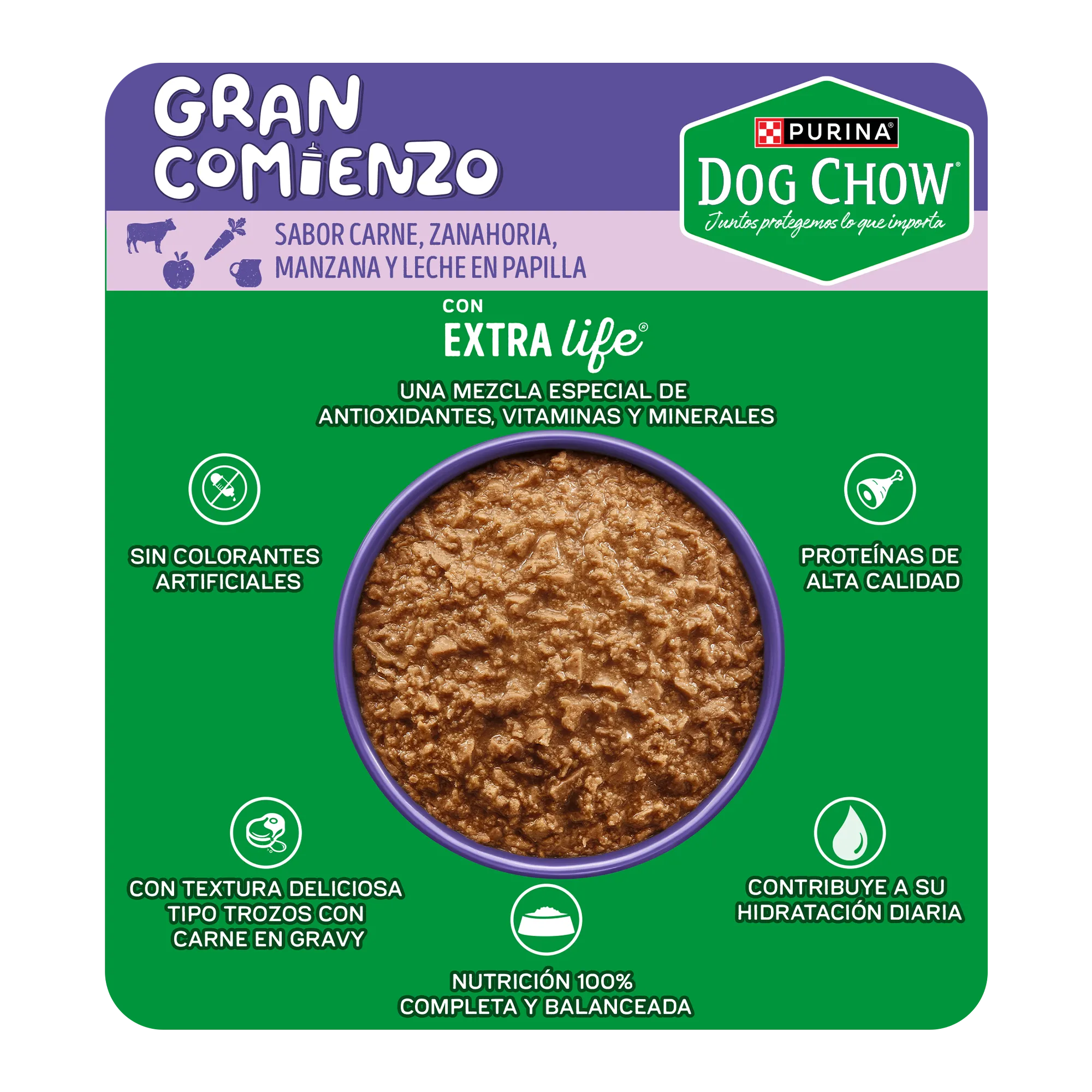Sabrosobre Dog Chow Gran Comienzo para cachorros sabor carne, zanahoria, manzana y leche.