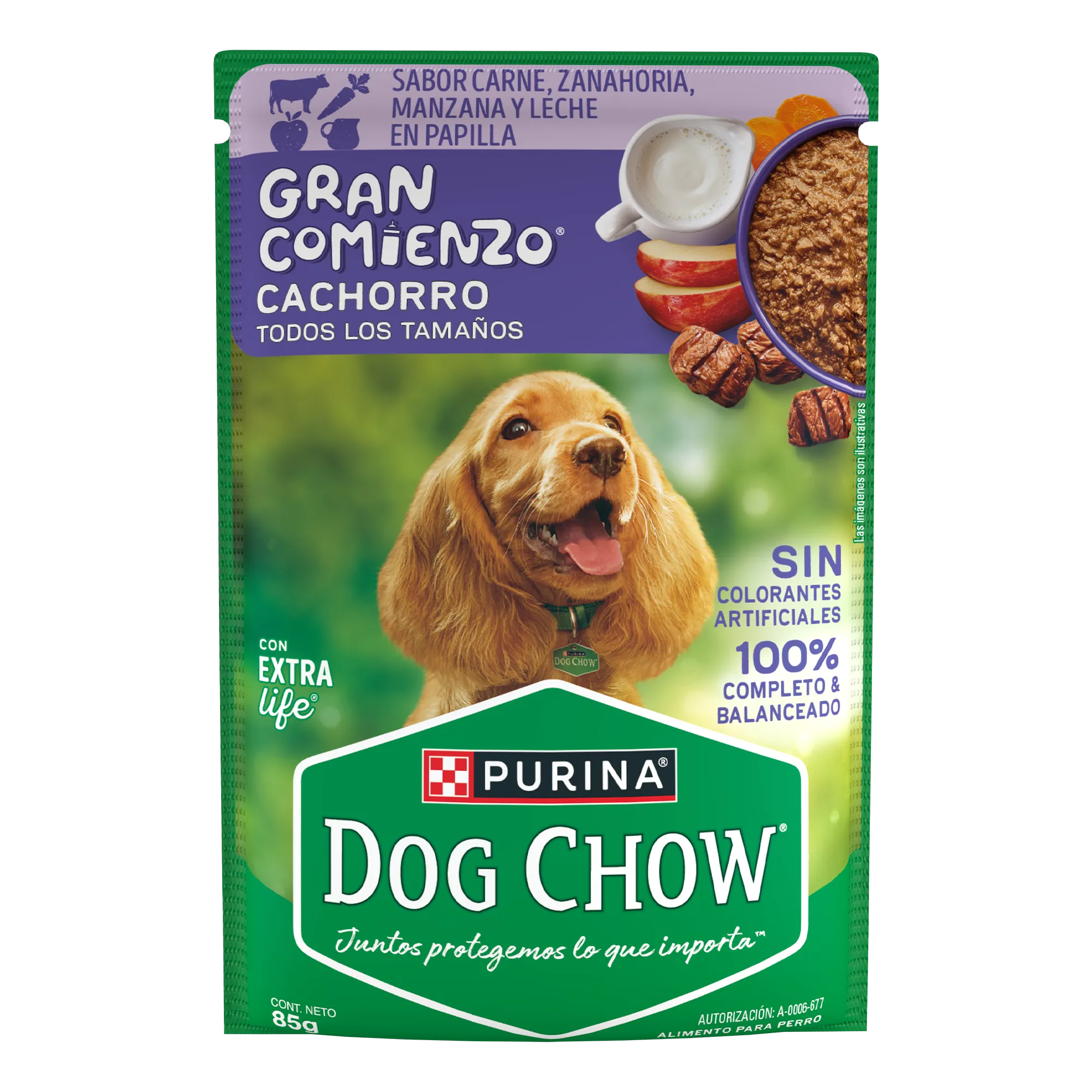 Sabrosobre Dog Chow Gran Comienzo para cachorros sabor carne, zanahoria, manzana y leche.