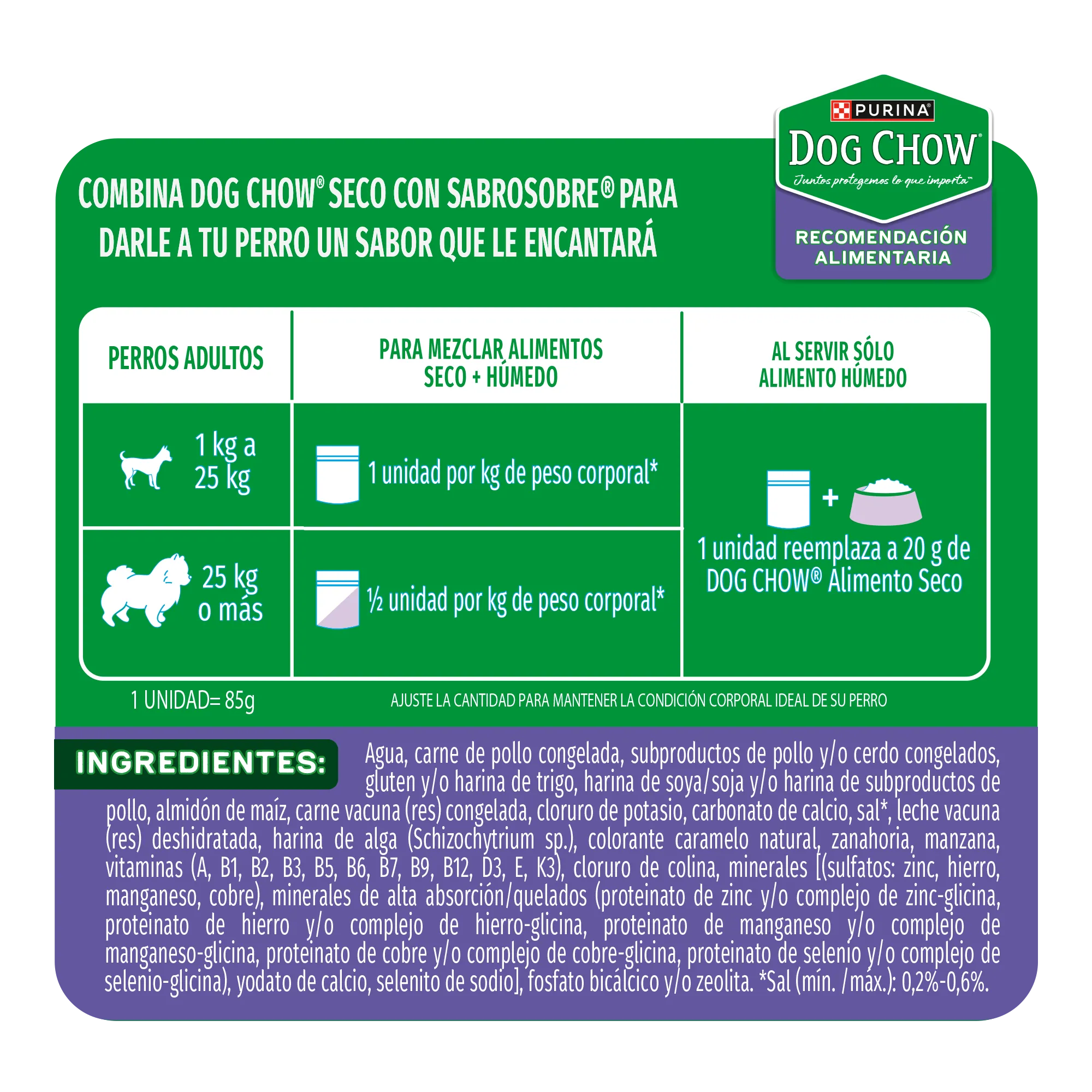 Sabrosobre Dog Chow Gran Comienzo para cachorros sabor carne, zanahoria, manzana y leche.