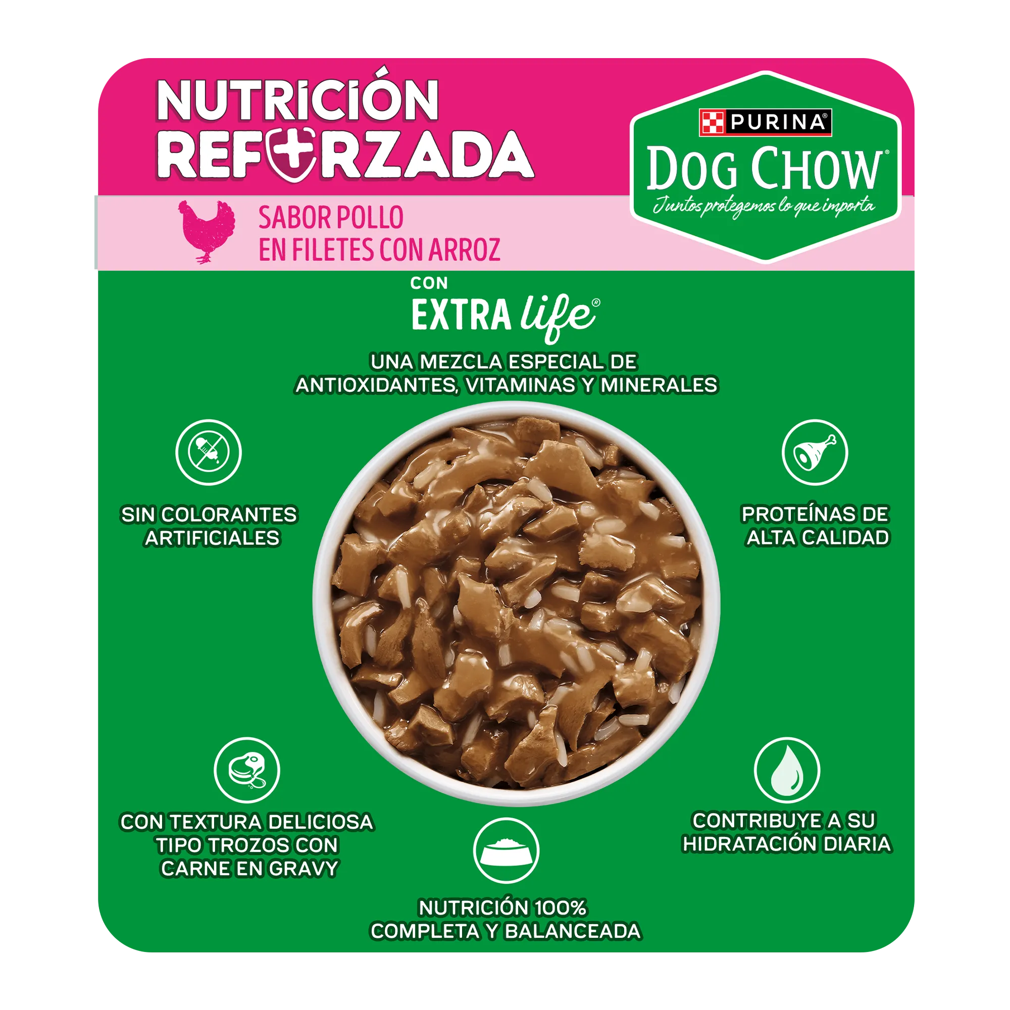 Sabrosobre Dog Chow Minis y Pequeños nutrición reforzada sabor pollo con arroz y ExtraLife