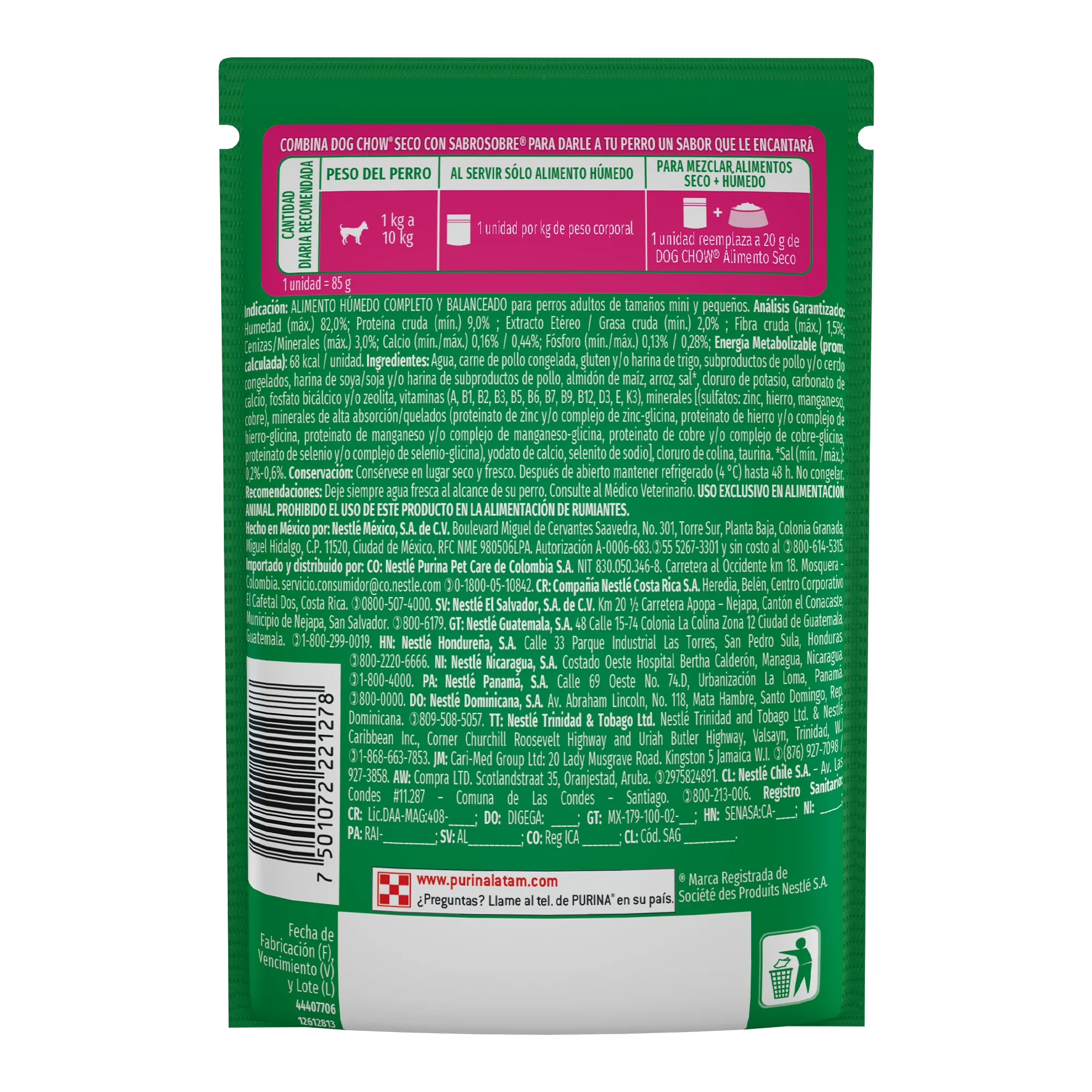 Sabrosobre Dog Chow Minis y Pequeños nutrición reforzada sabor pollo con arroz y ExtraLife