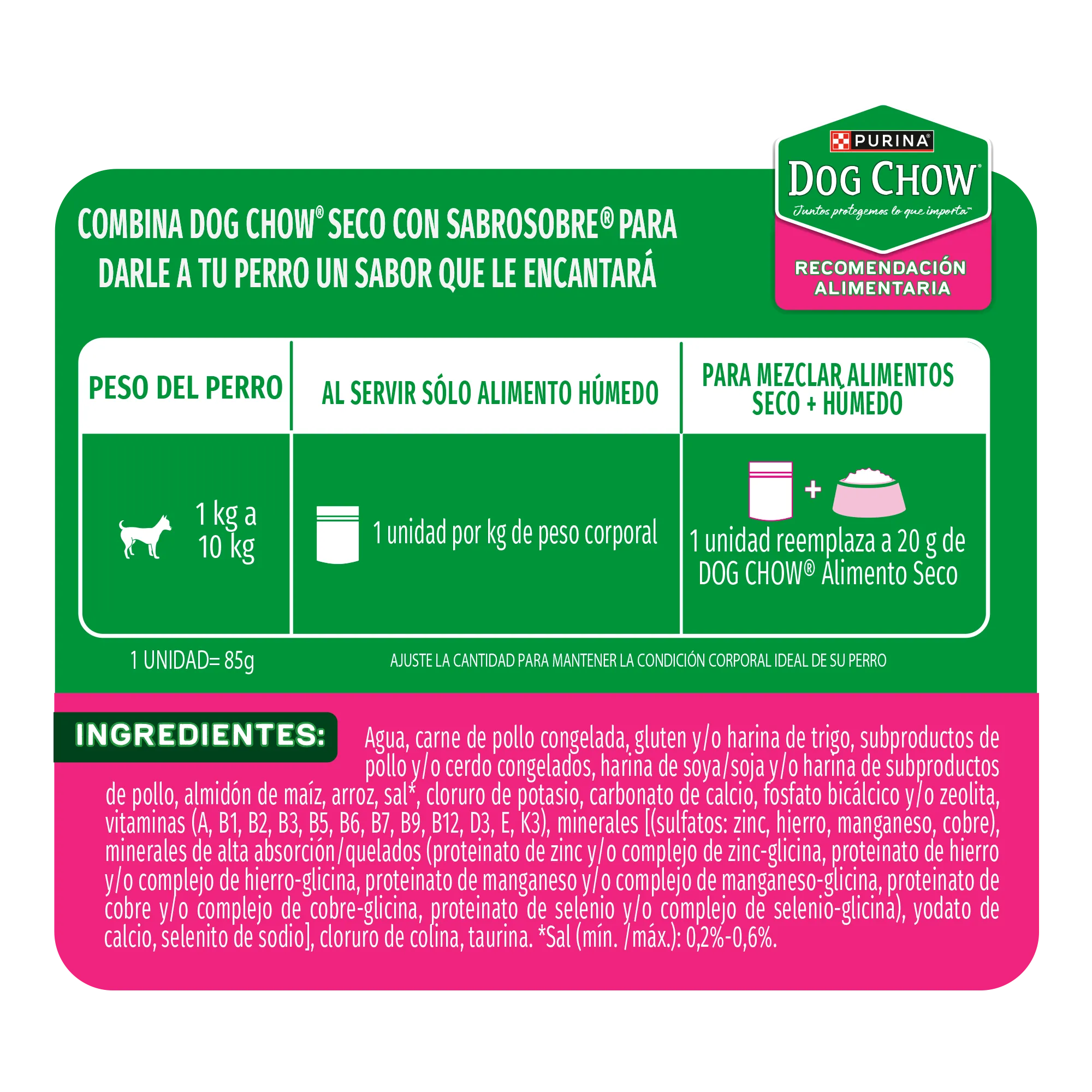 Sabrosobre Dog Chow Minis y Pequeños nutrición reforzada sabor pollo con arroz y ExtraLife