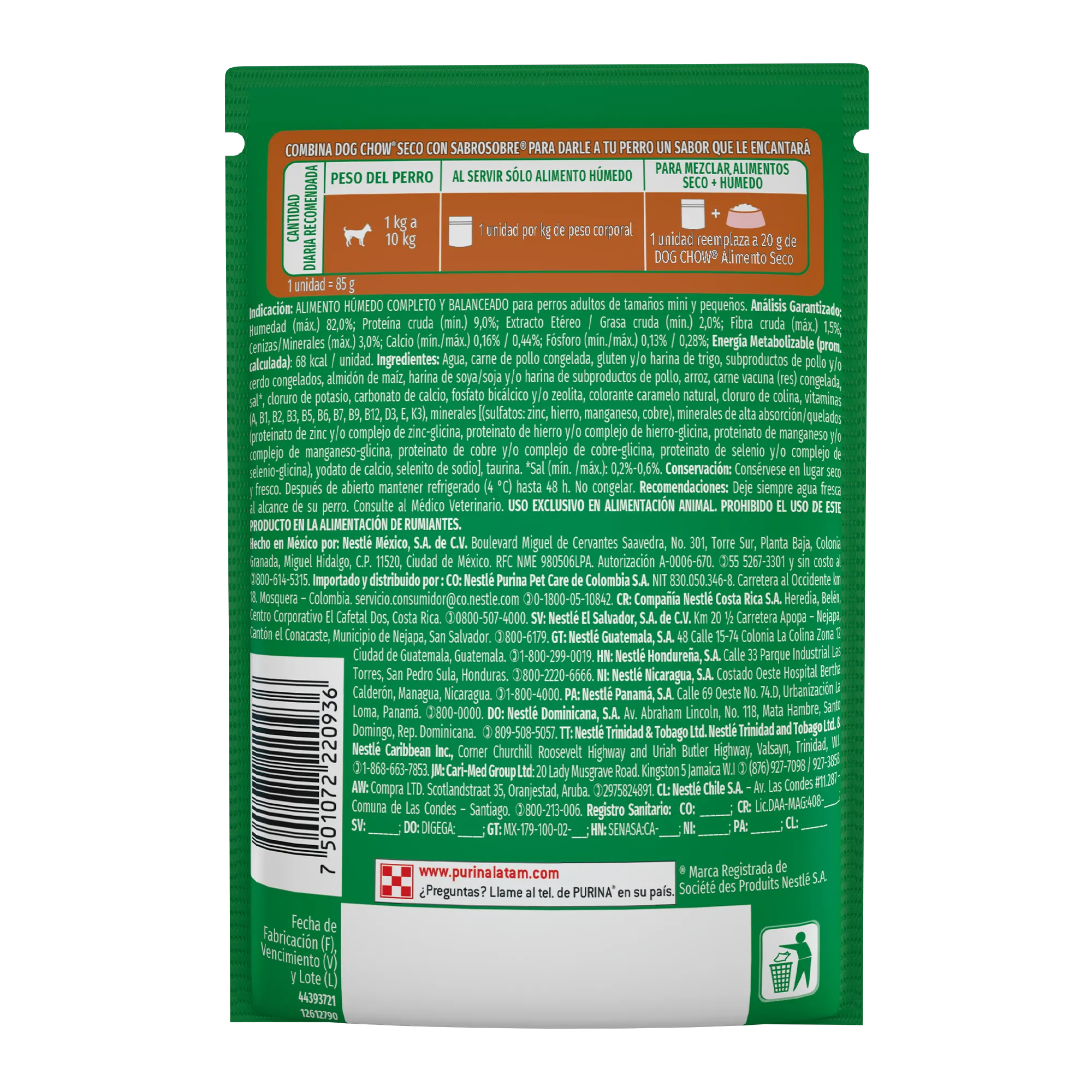 Sabrosobre Dog Chow Minis y Pequeños nutrición reforzada sabor carne con arroz y ExtraLife