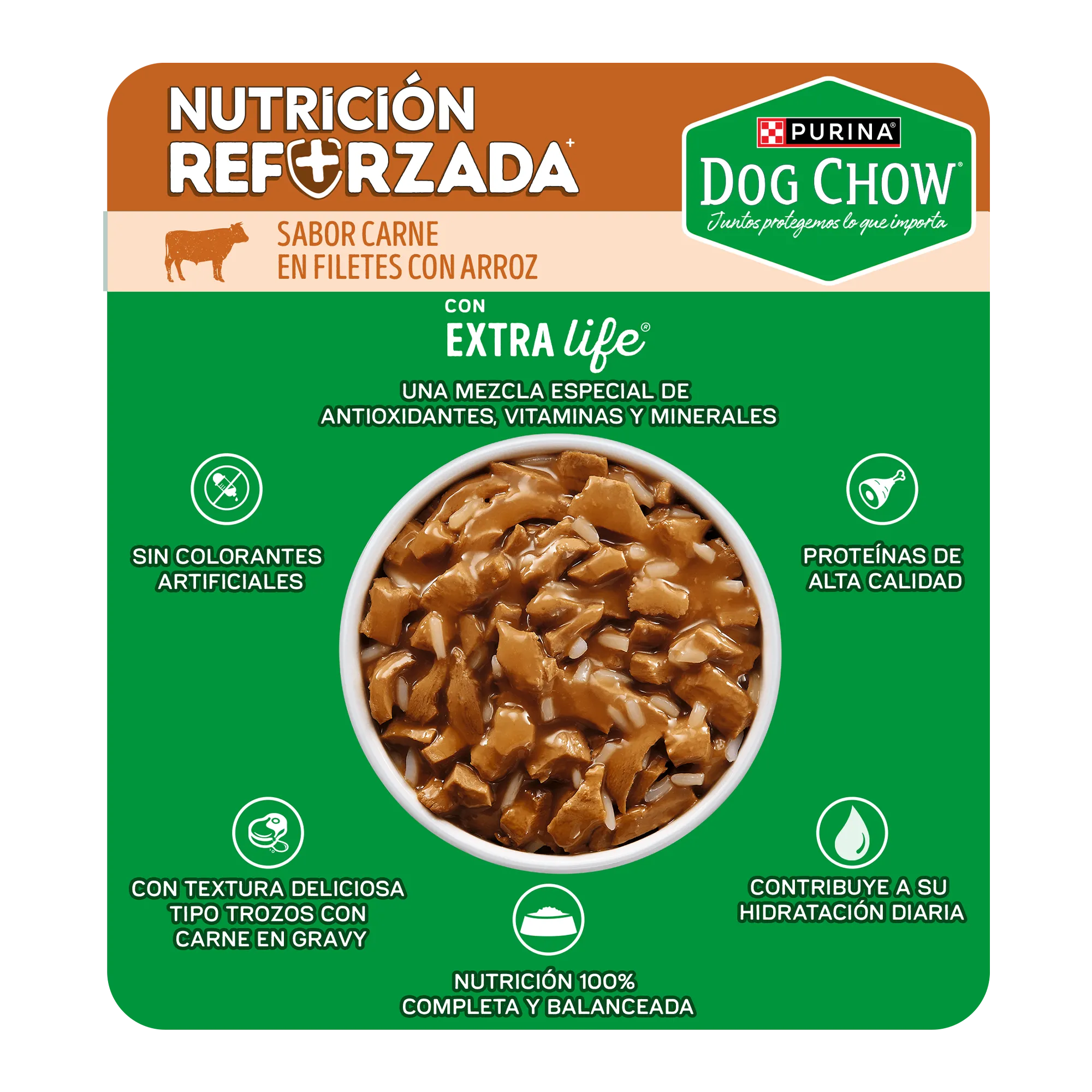 Sabrosobre Dog Chow Minis y Pequeños nutrición reforzada sabor carne con arroz y ExtraLife