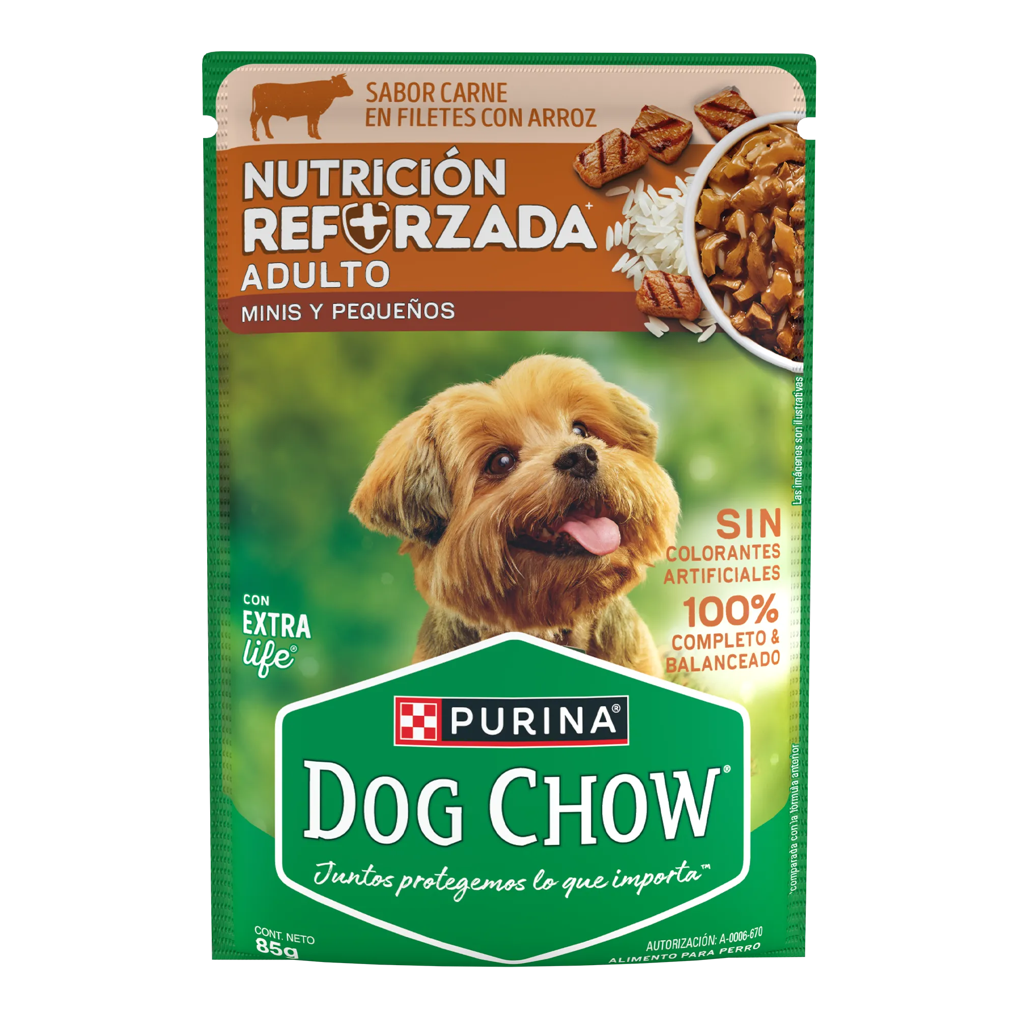 Sabrosobre Dog Chow Minis y Pequeños nutrición reforzada sabor carne con arroz y ExtraLife