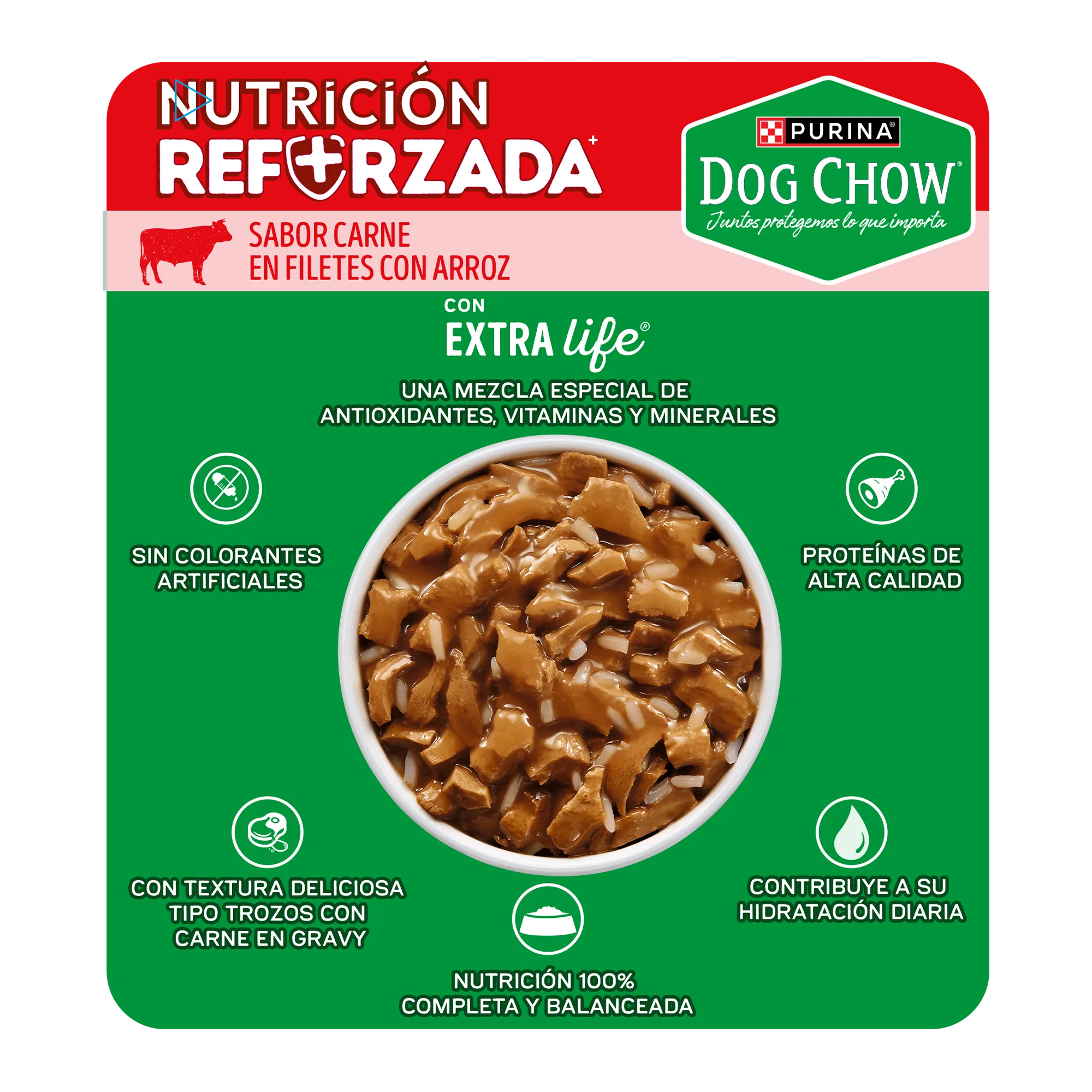 Sabrosobre Dog Chow Adultos todos los tamaños nutrición reforzada sabor carne con arroz y ExtraLife