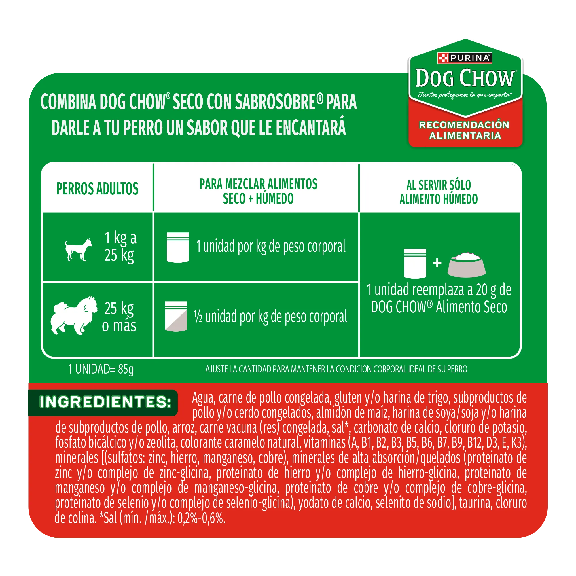 Sabrosobre Dog Chow Adultos todos los tamaños nutrición reforzada sabor carne con arroz y ExtraLife