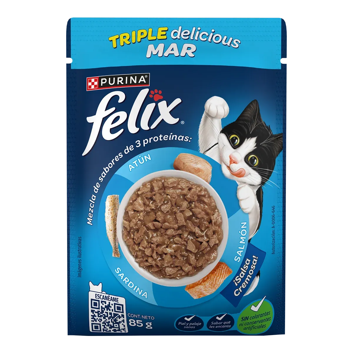 Sobre para gato Felix Triple Delicious Mar Adultos con sabores de atún, salmón y sardina