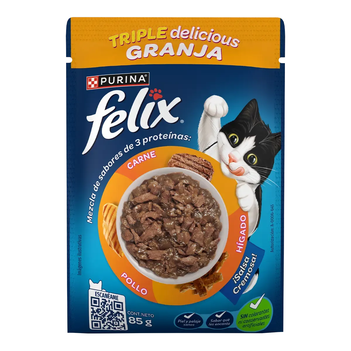 Sobre para gato Felix Triple Delicious Granja Adultos con sabores de carne, pollo e hígado