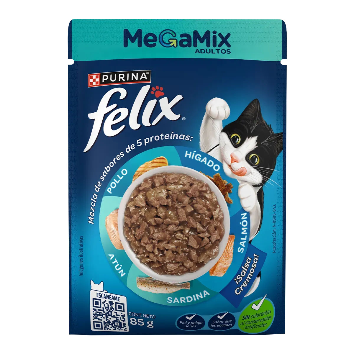 Alimento húmedo para gatos Felix MegaMix Adultos sabor pollo, hígado, salmón, atún y sardina.